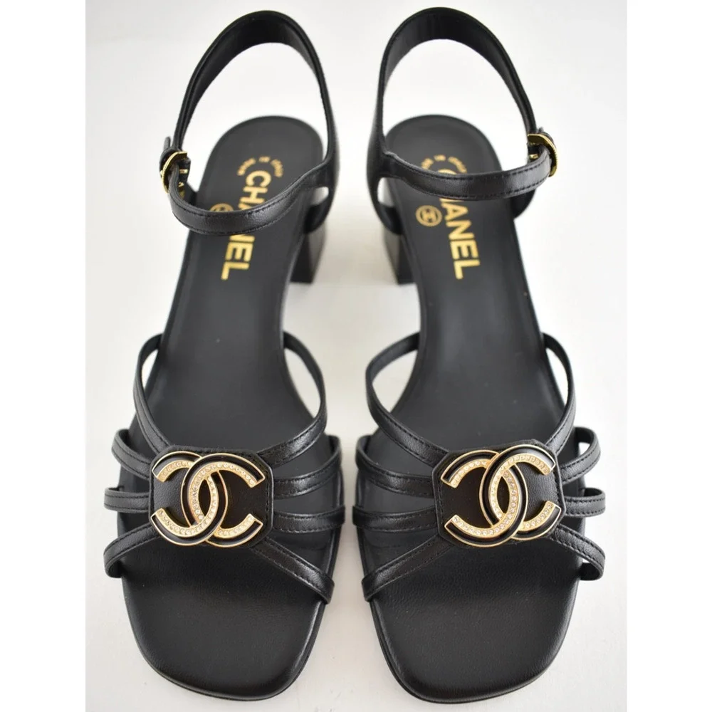 Chanel 25P Black Leather Crystal Gold CC Logo Ankle Strap Block Heel Sandal 37.5